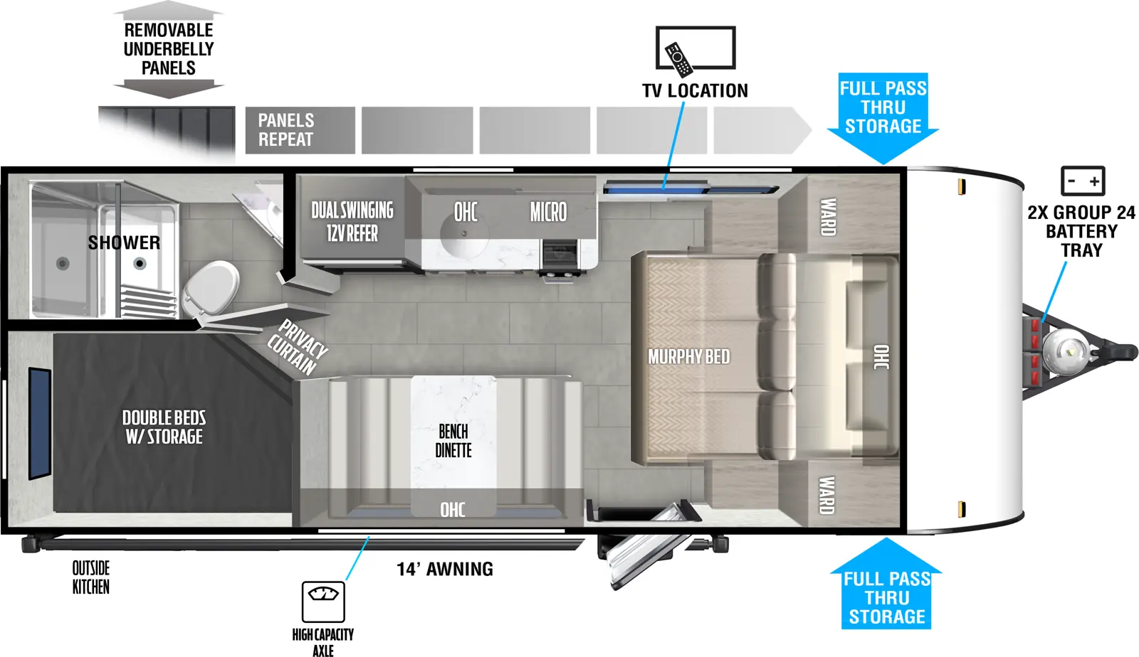 The Salem FSX 179DBK floorplan has one entry and zero slide outs. Exterior features include: fiberglass exterior, 14' awning and outside kitchen. Interiors features include: bunk beds, front bedroom, murphy bed and front living.